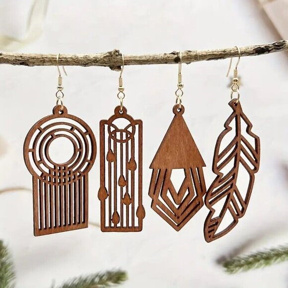 WOOD LEAF Cut out Drop Earring Tribal Unique Artistic LIGHTWEIGHT Dangle Jewelry - Picture 3 of 4